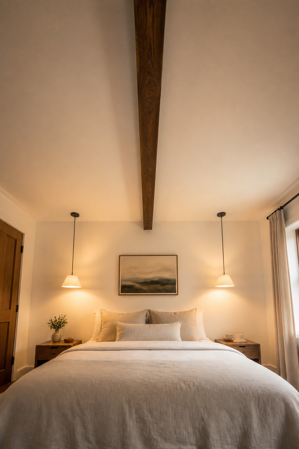 A single dark walnut faux beam running the length of the bedroom draws the eye upward and gives the room an architectural quality that furniture alone can't provide.