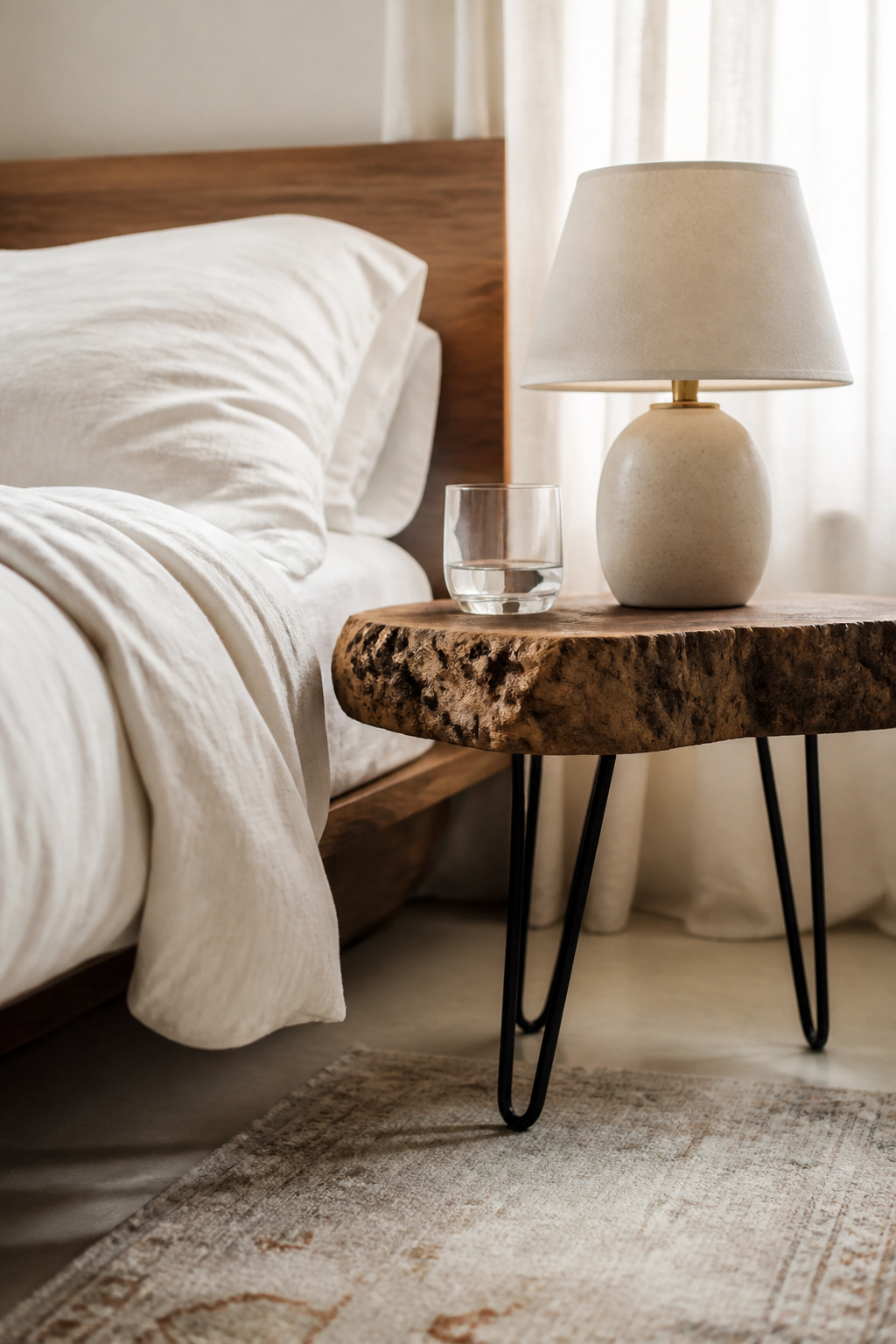 A walnut live-edge slab side table brings sculptural warmth to a minimal bedroom, its natural edge tracing the tree's original form.