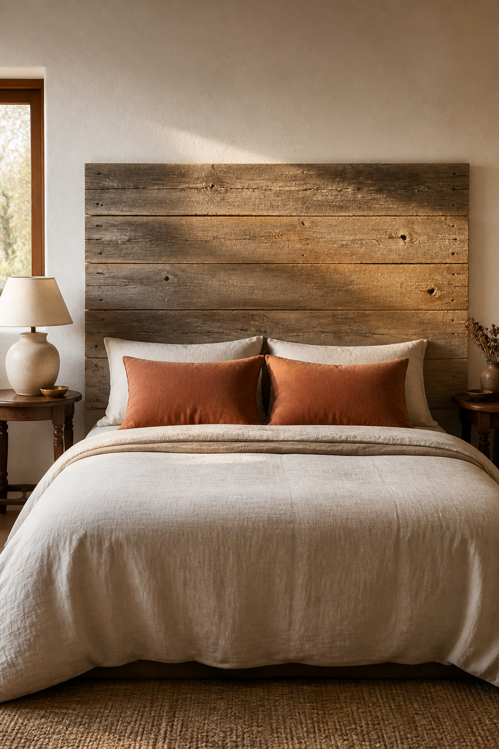 A reclaimed oak headboard with visible weathering and character marks anchors the bed, bringing natural warmth to a minimal bedroom.