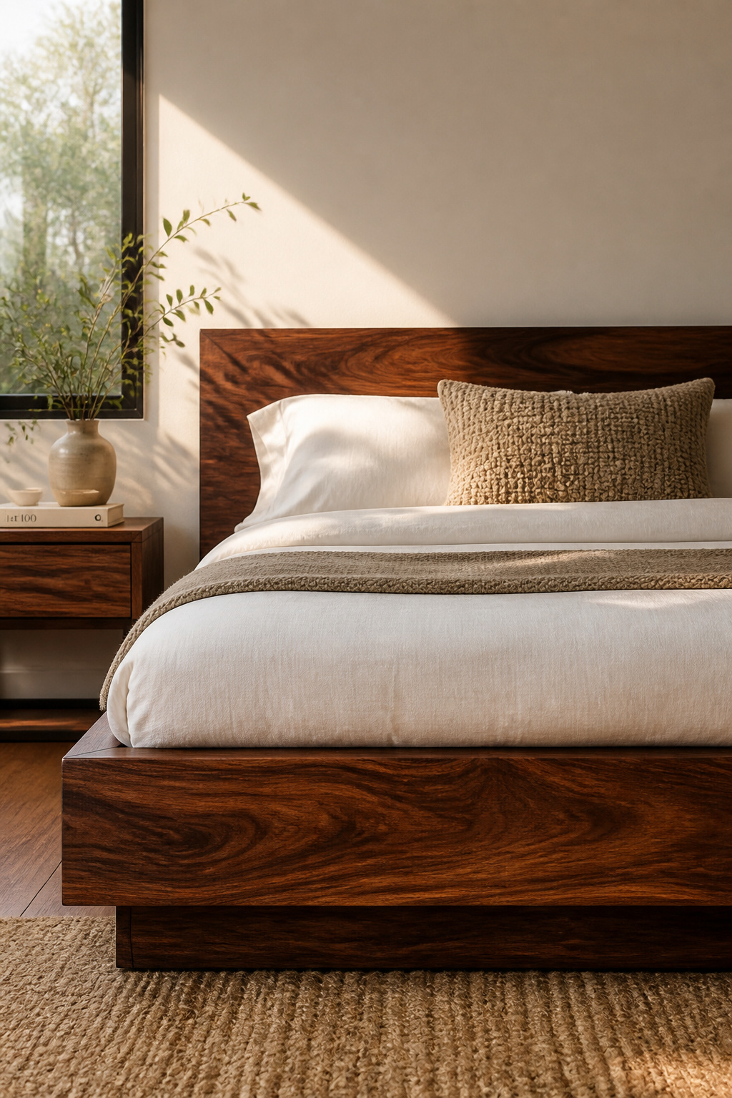 A solid walnut platform bed deepens in colour and character over years of use, becoming more beautiful the longer it lives in the room.