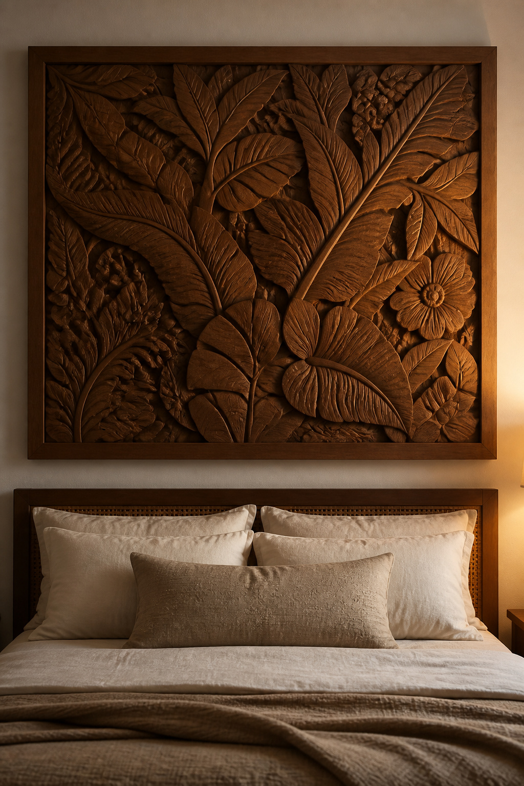A carved teak relief panel above the headboard catches light in shifting patterns throughout the day, adding sculptural depth that flat art cannot achieve.