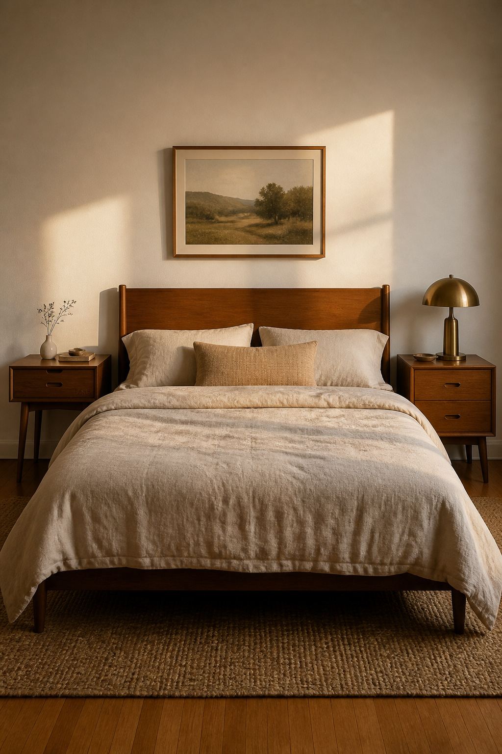 Two mismatched mid-century walnut nightstands add character without looking deliberately curated.