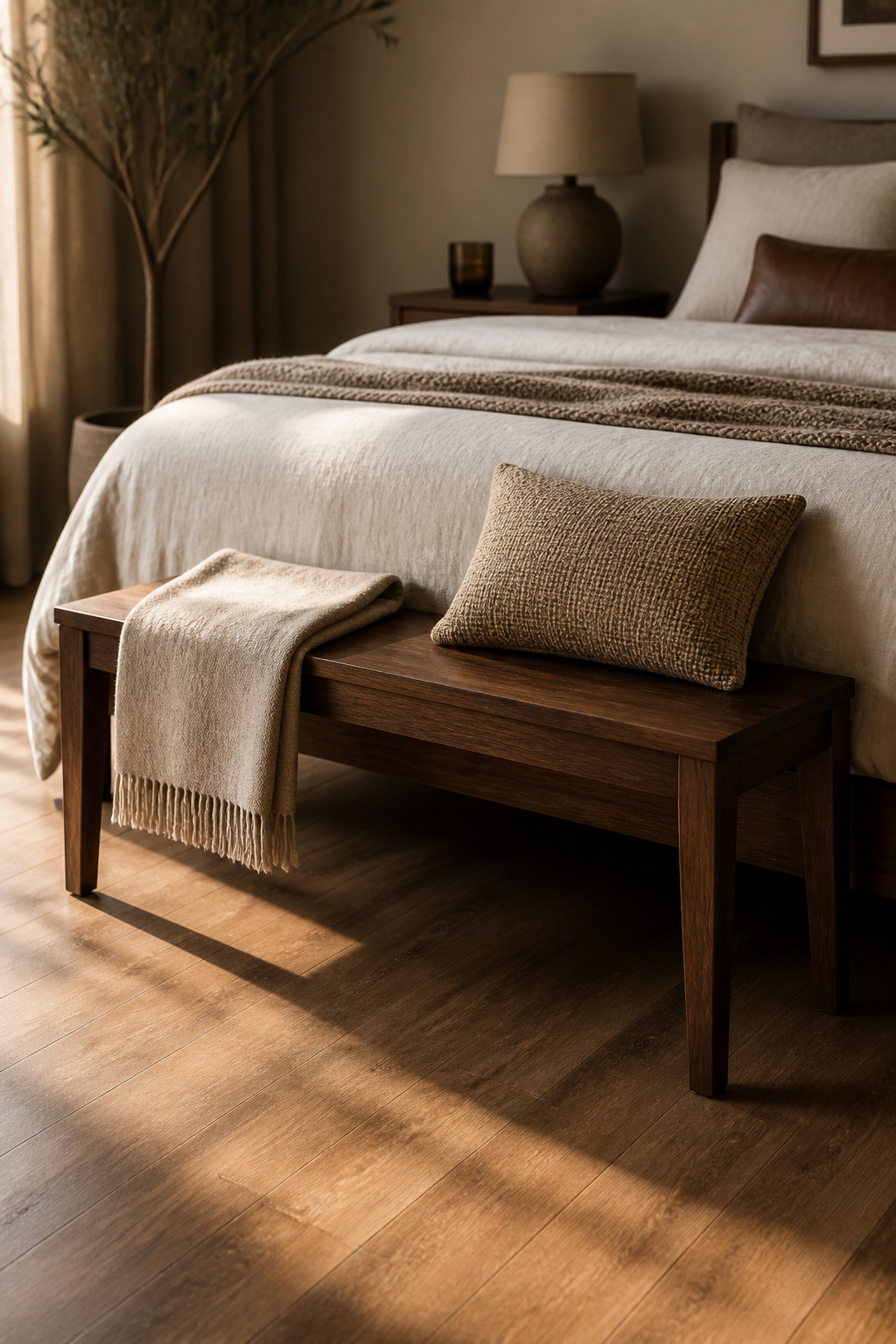 A solid walnut bench grounds the foot of the bed with quiet utility and natural warmth, tying the room's wood tones together at floor level.