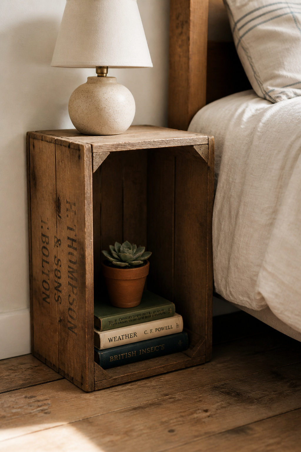 A vintage wooden crate as a nightstand brings genuine aged patina that no new piece of furniture can match for the price.