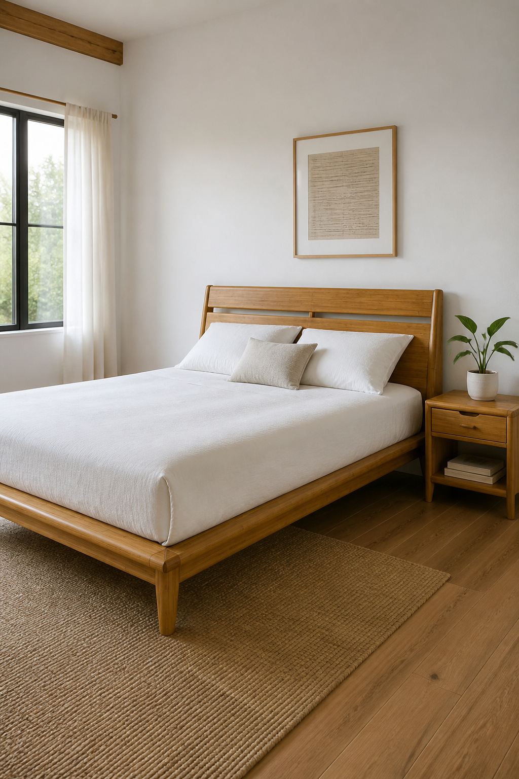 A bamboo bed frame and nightstand bring sustainable natural warmth with the visual character of hardwood and a fraction of the environmental footprint.