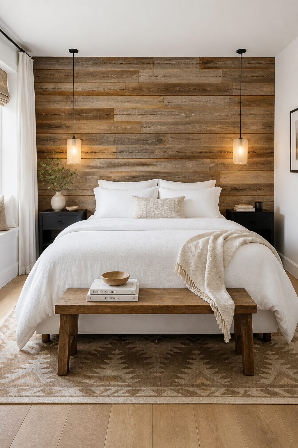 Horizontal reclaimed planks behind the bed create an architectural focal point that reframes the whole room without touching a single other element.