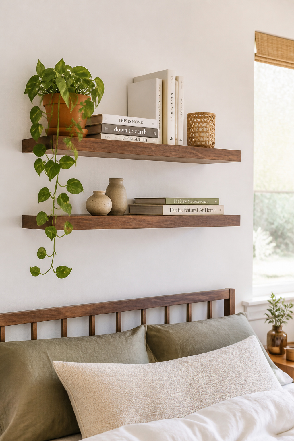 Walnut floating shelves layered with plants, ceramics, and books bring purpose and warmth to a plain bedroom wall.