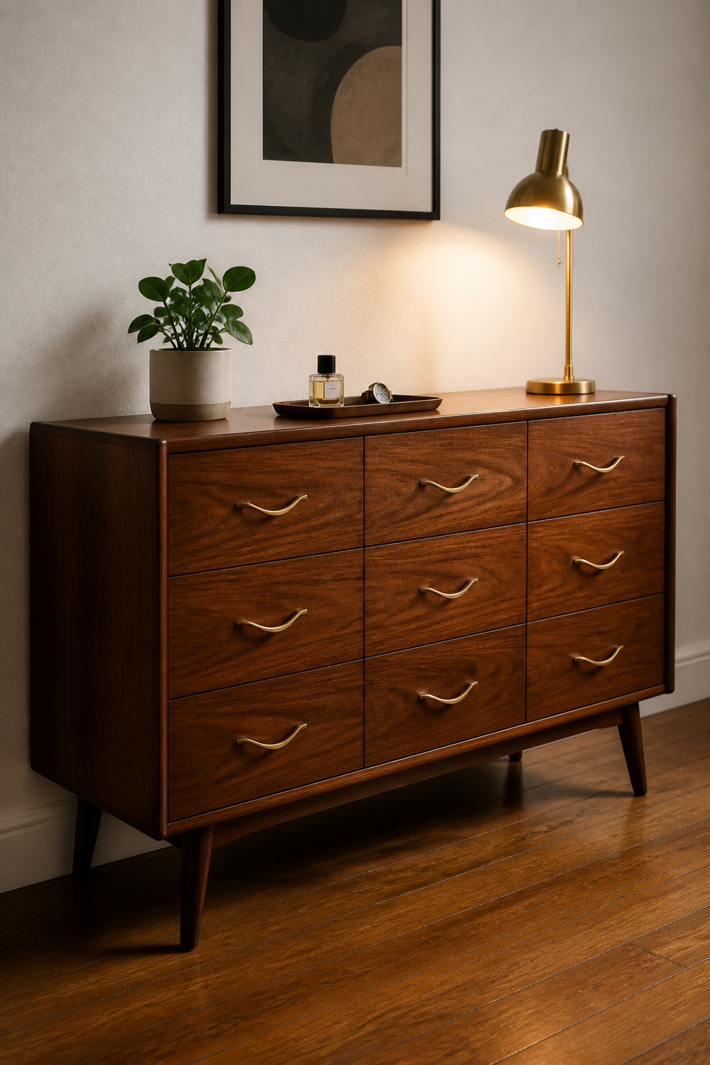 A restored walnut Lane dresser with original brass hardware brings mid-century craftsmanship that no new furniture can replicate.