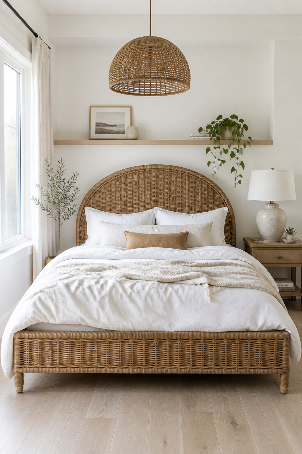 A woven rattan bed frame brings texture and lightness that solid wood furniture alone can't achieve.