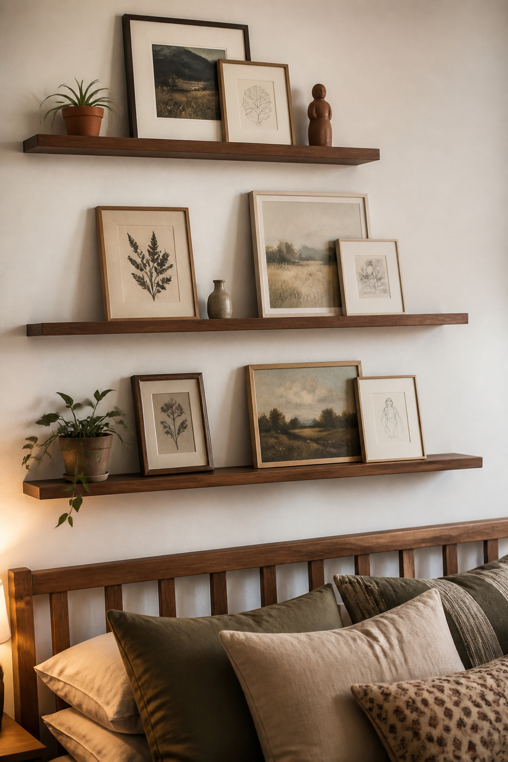 Walnut picture ledges let art arrangements shift and grow over time, layering prints, plants, and objects without committing to a single configuration.