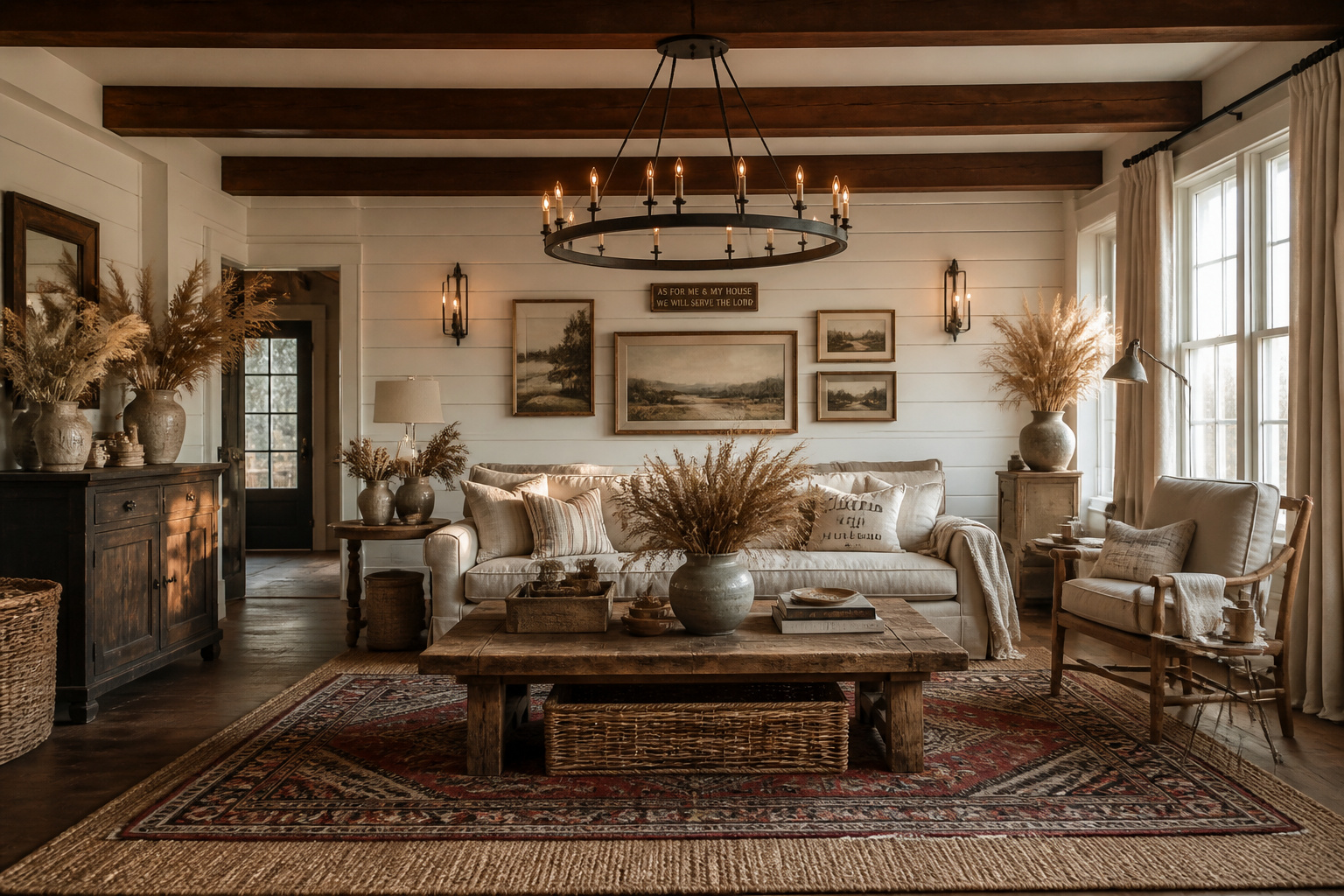 A complete farmhouse living room scheme in warm whites and naturals — shiplap walls, ceiling beams, linen upholstery, and layered rugs working together as a cohesive whole.