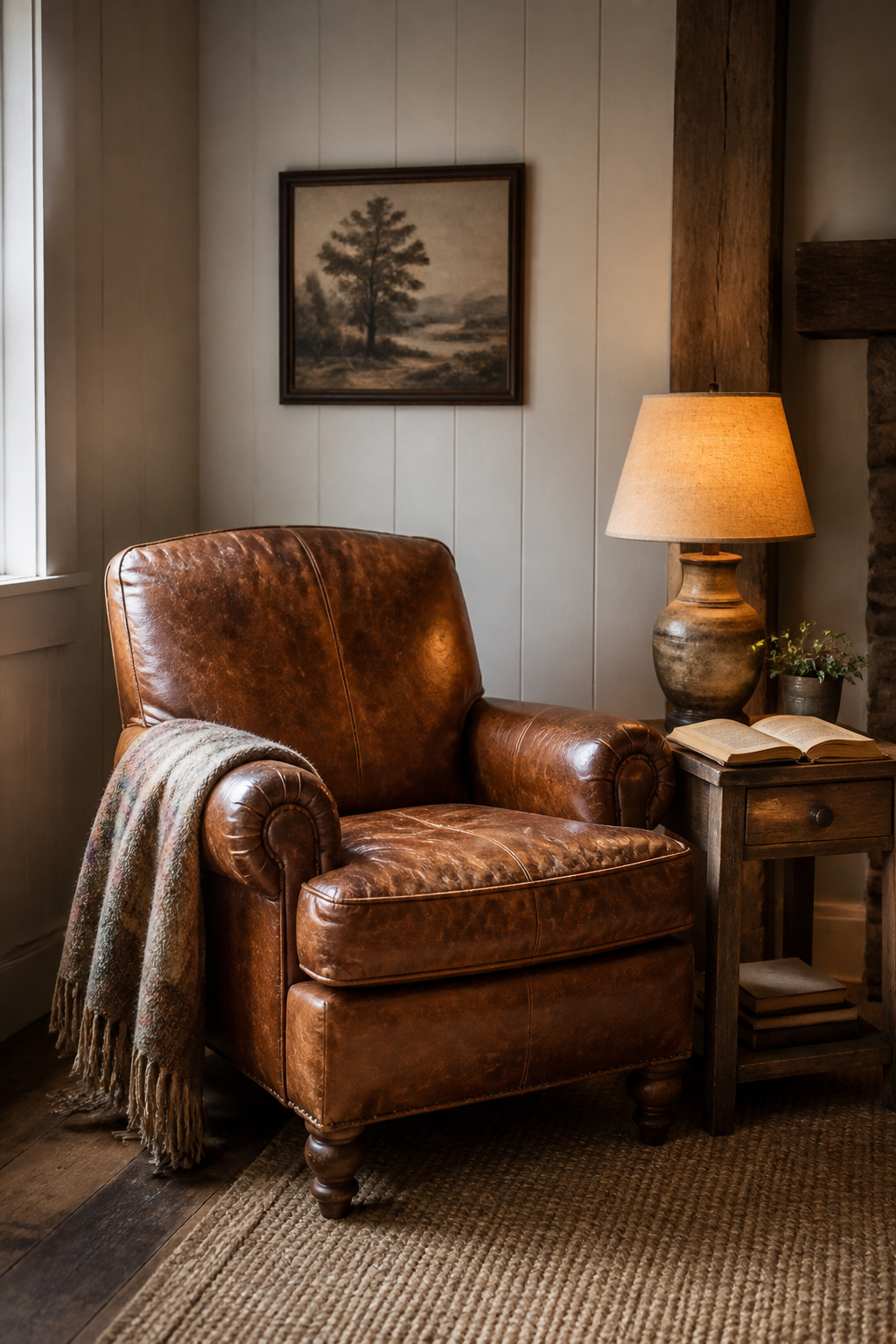A distressed leather armchair in cognac brown adds warmth and character to the farmhouse living room — a piece that improves with every year of use.