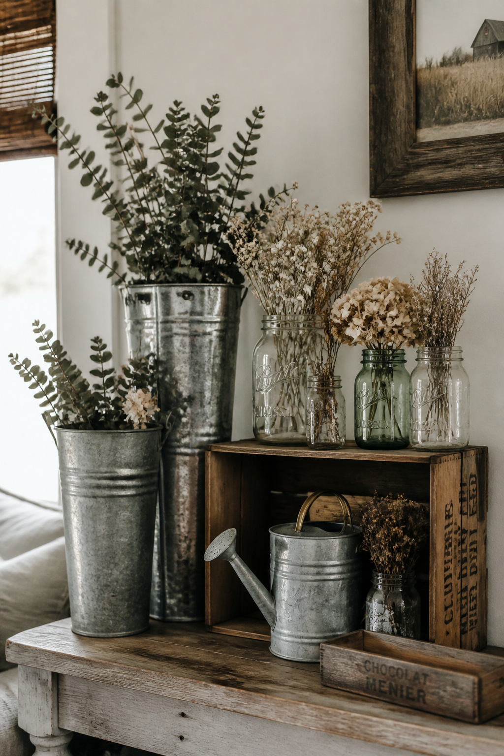 Galvanized metal pieces — buckets, tins, small containers — bring agricultural heritage into the farmhouse living room in a way that feels earned rather than purely decorative.