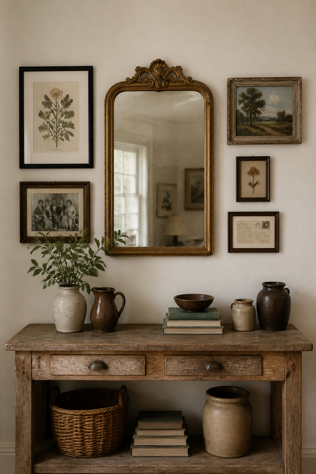 A farmhouse living room gallery wall built around an antique mirror and genuine vintage finds has the organic, collected quality that makes a room truly personal.