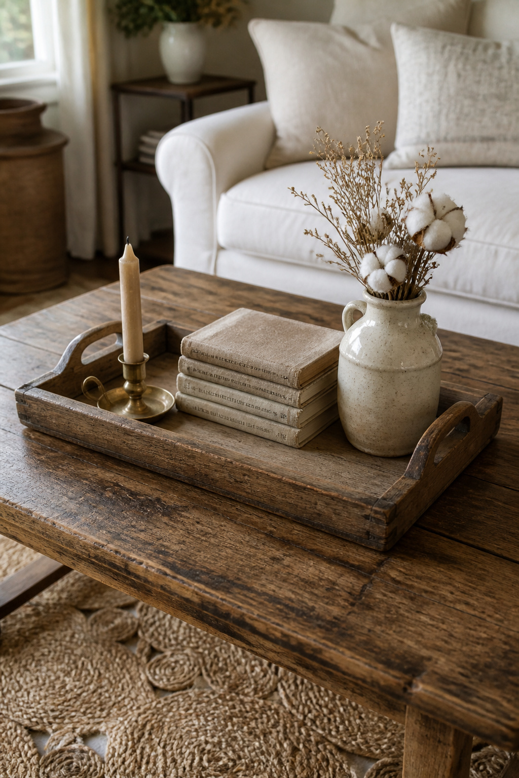 A genuine vintage coffee table with natural patina anchors the farmhouse living room and offers a layered surface for seasonal styling.