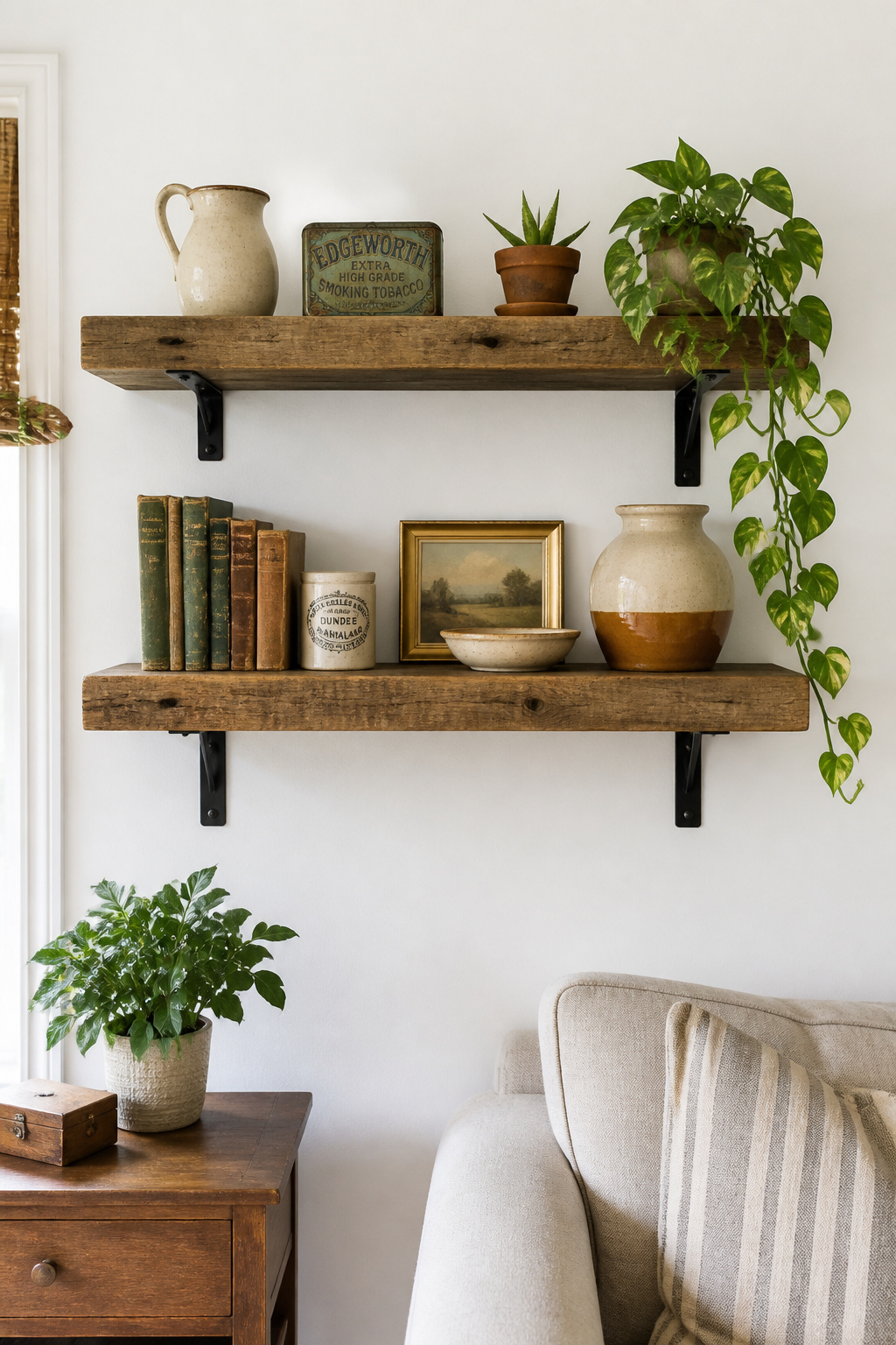 Reclaimed wood shelves styled with ceramics, books, and vintage tins bring the farmhouse living room's character to the walls — functional, beautiful, and personal.