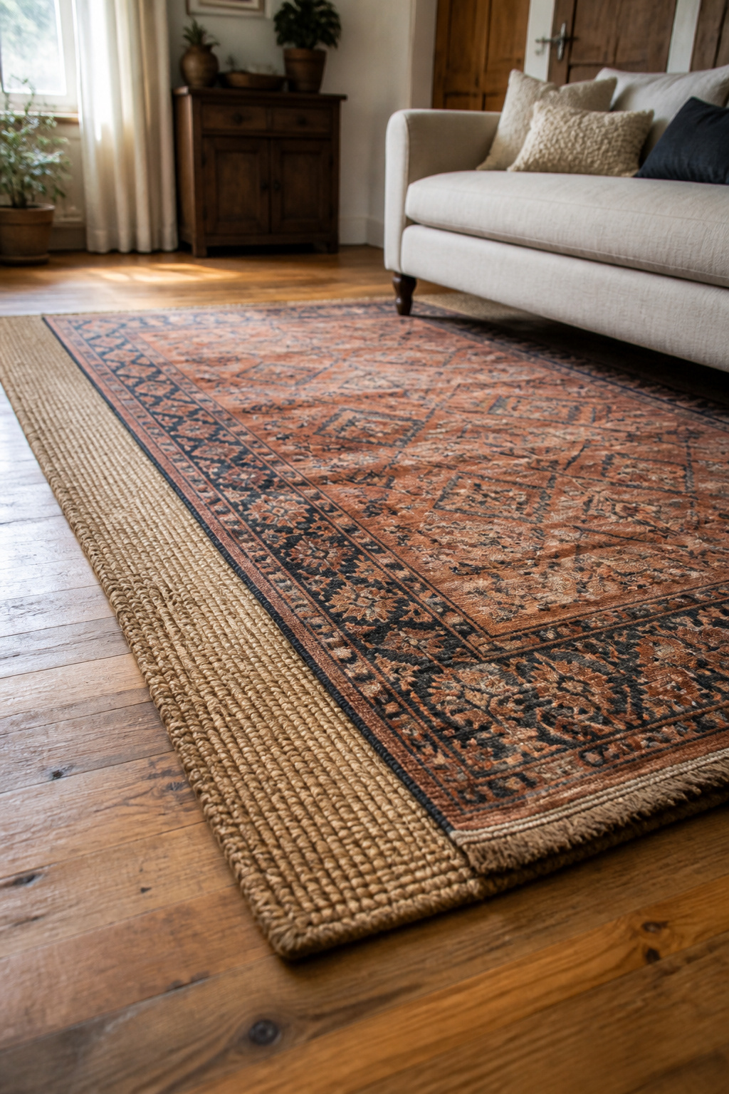 A jute base rug layered with a vintage kilim creates the grounded, textured floor that a farmhouse living room needs — practical, warm, and effortlessly styled.