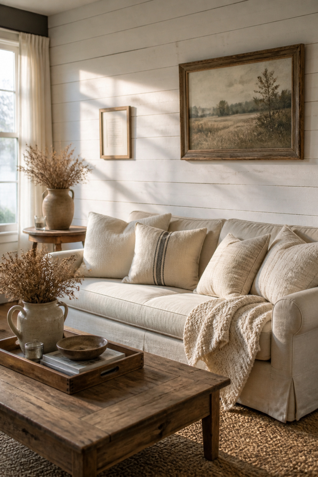 A white shiplap accent wall anchors the seating area with clean farmhouse character, offset by the warmth of linen upholstery and a well-worn wood coffee table.