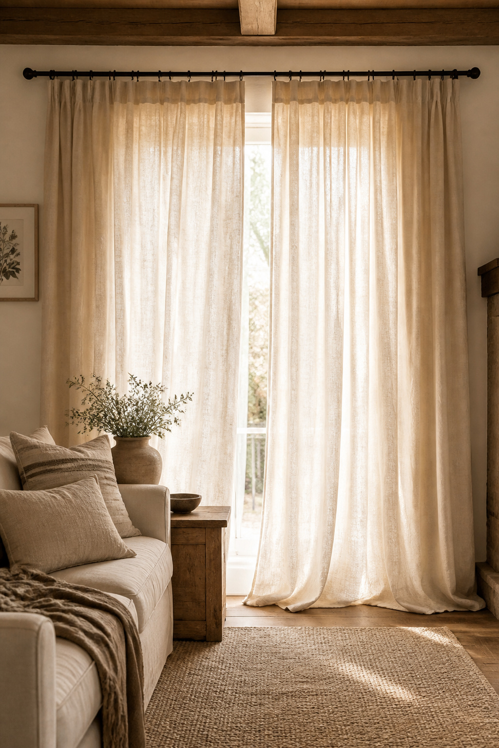 Floor-to-ceiling natural linen panels filter light softly and add the height and warmth that farmhouse-style living room curtains need to get right.