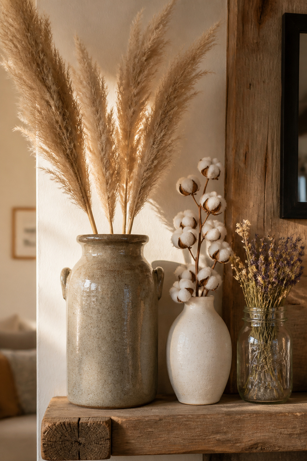 Dried pampas, cotton stems, and wildflowers in handmade ceramic vessels bring the organic, seasonal quality that completes a farmhouse living room.