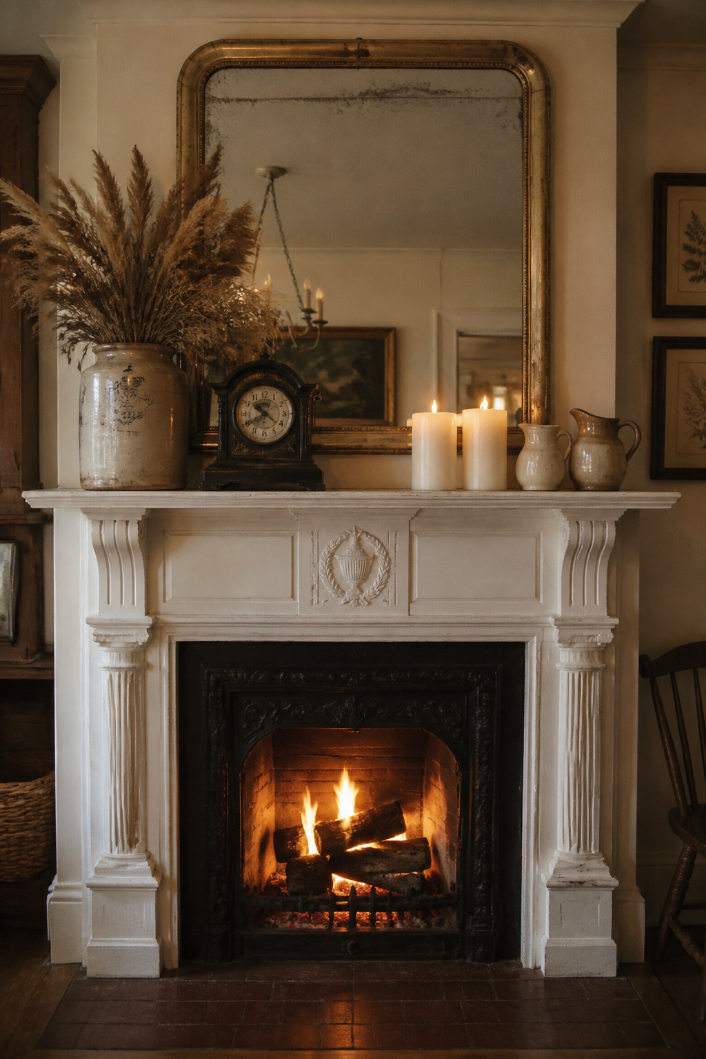 An antique mantel gives the farmhouse living room its focal point — styled simply with a mirror, clock, and dried botanicals, it becomes the room's emotional centre.