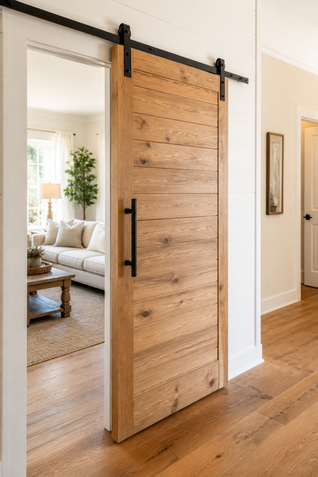 A sliding barn door in natural knotty pine adds an immediate farmhouse living space signal while solving a practical layout challenge with style.