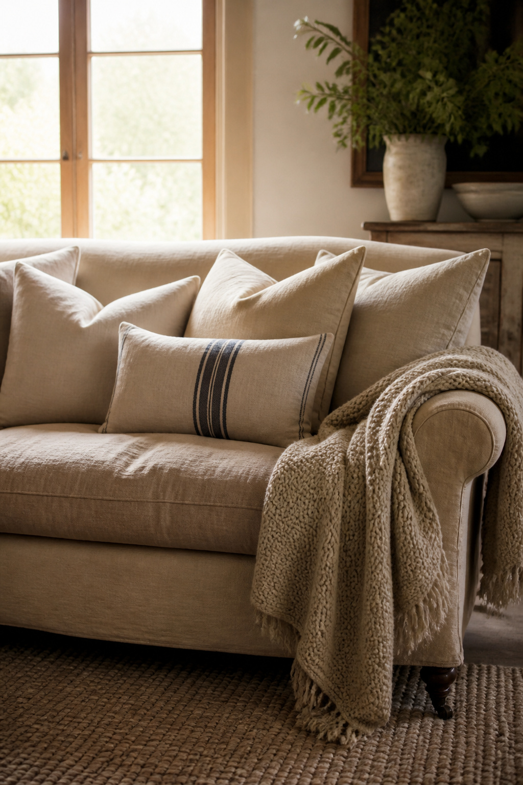A mix of natural linen and grain-sack stripe pillows gives the sofa its farmhouse identity — honest, textured, and effortlessly layered.