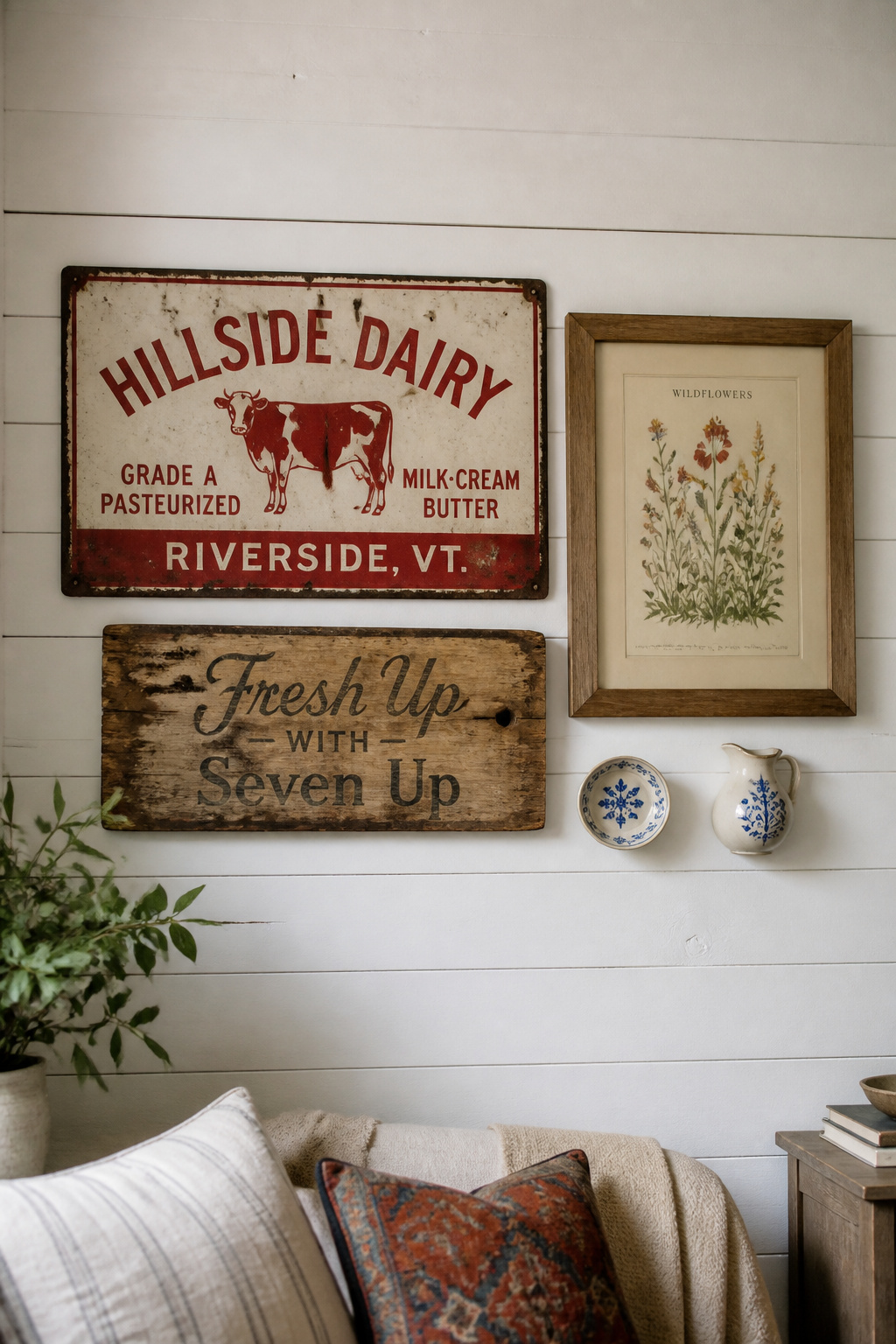 A casual arrangement of vintage signs and salvaged wood art tells the story of a room that was collected over time — the exact opposite of a catalogue-styled space.