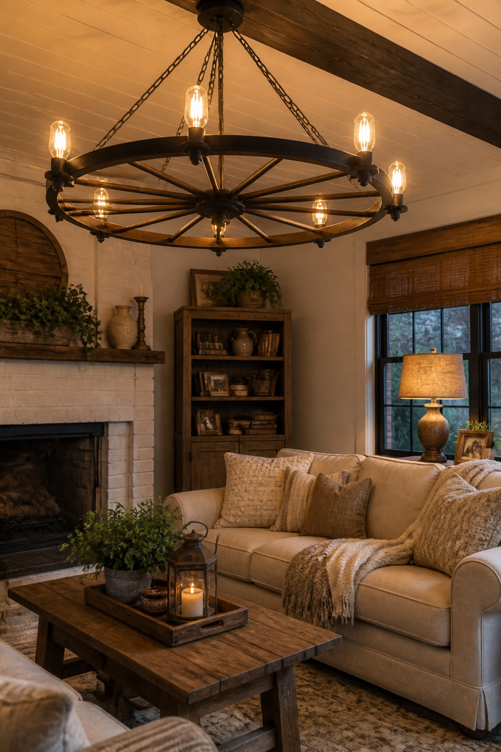 A statement iron chandelier anchors the farmhouse living room from above, making the difference between a room that feels assembled and one that feels complete.