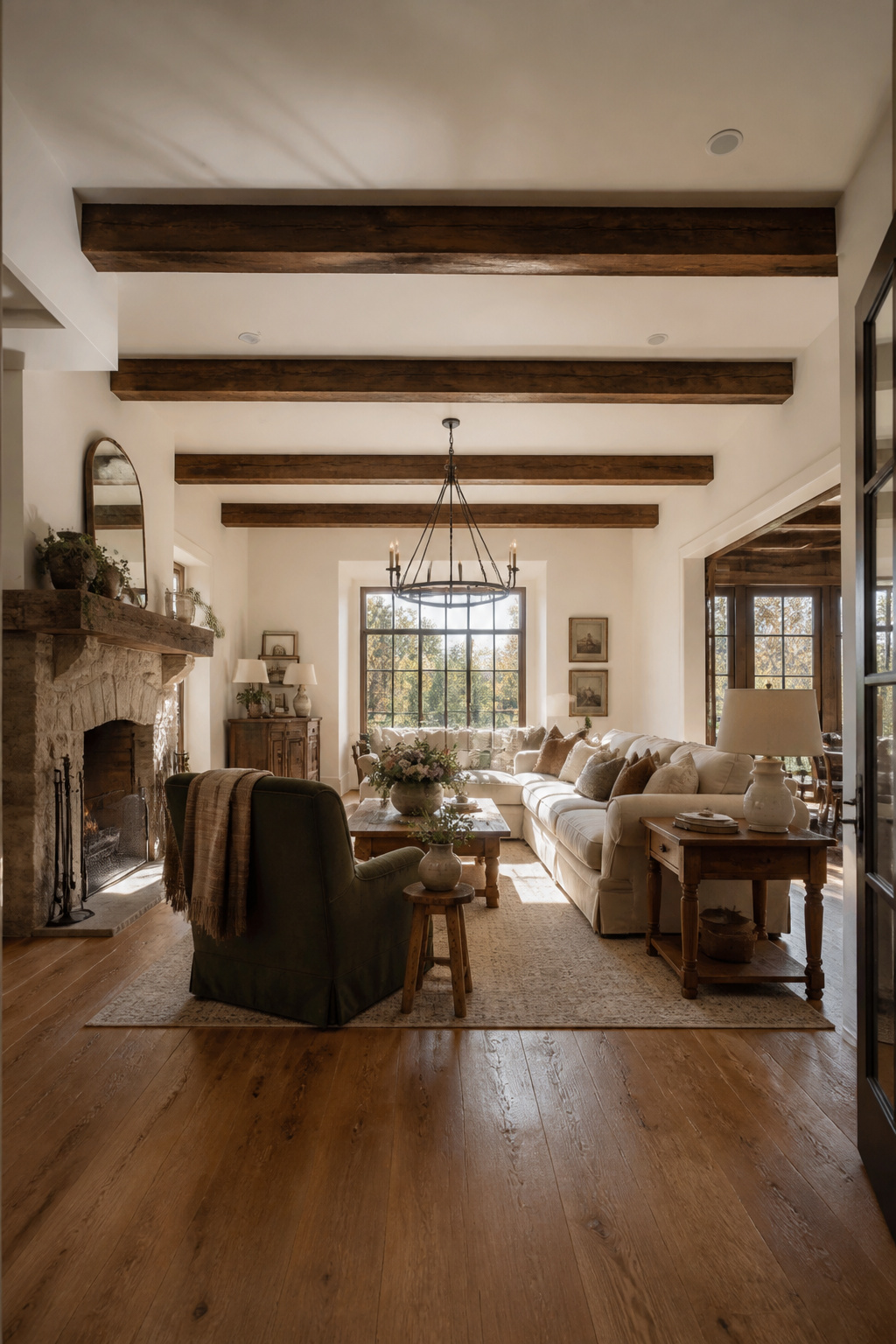 Dark-stained ceiling beams anchor the farmhouse living room with architectural weight, making even a standard ceiling height feel considered and historic.