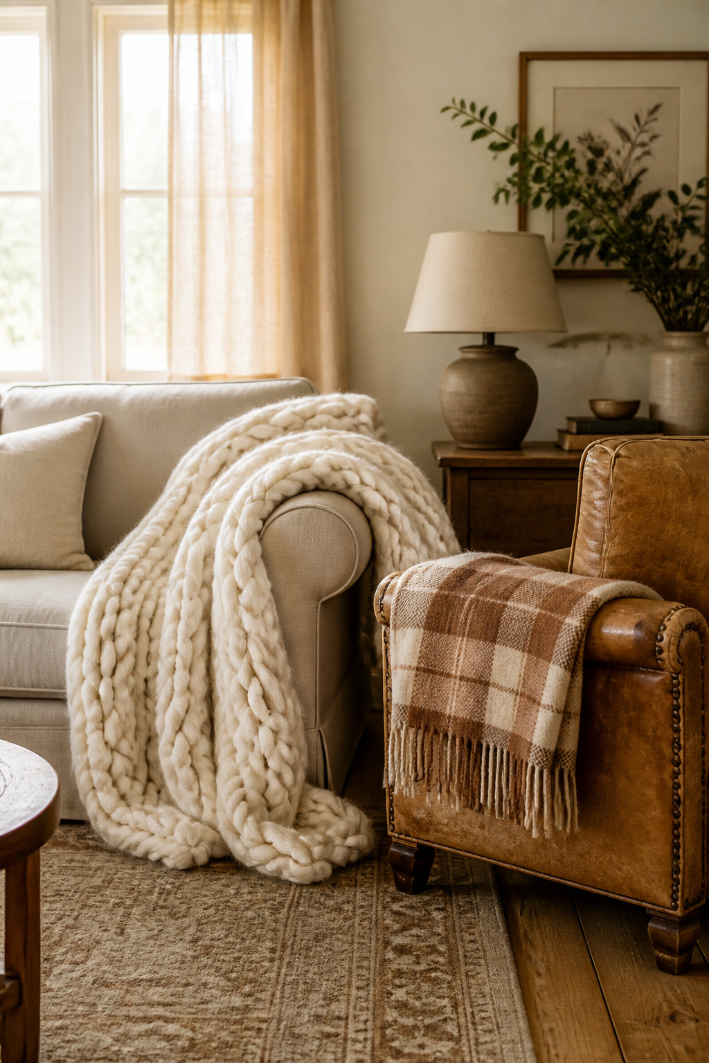 A chunky knit throw draped over the sofa arm communicates comfort immediately — in a farmhouse living room, the invitation to sit and stay is written in texture.