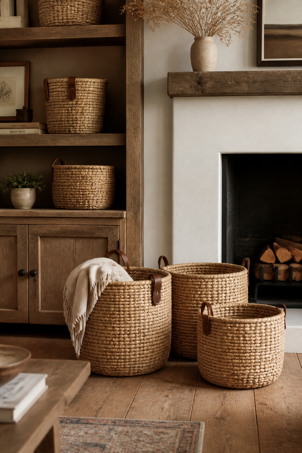Woven rattan baskets handle the practical storage needs of the farmhouse living room while adding exactly the right organic texture to shelves and hearths.
