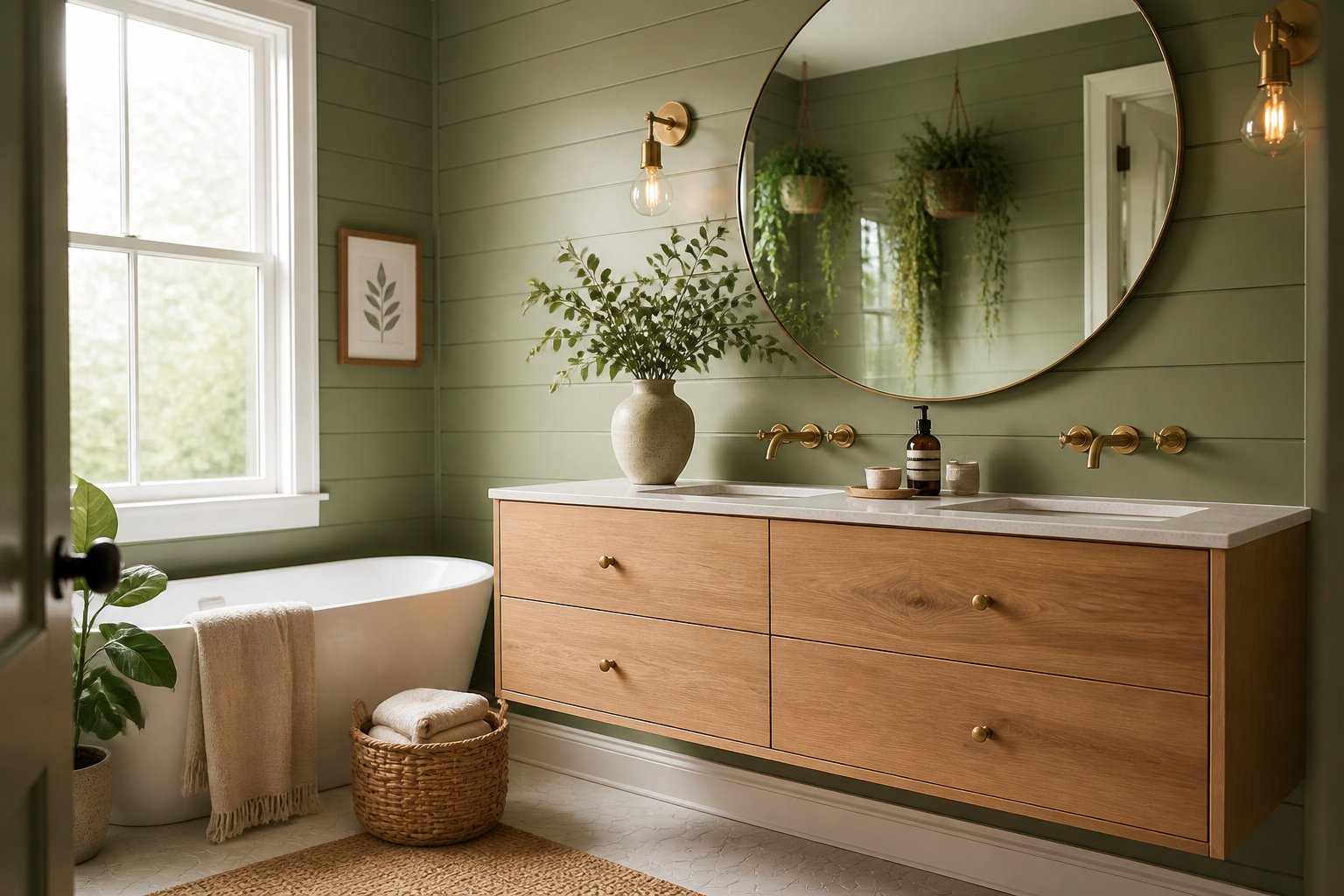 A sage green shiplap bathroom with warm wood and brass accents captures the essence of these green bathroom ideas — calm, considered, and deeply restorative.