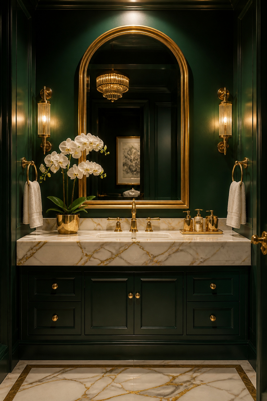 Jewel-tone emerald green paired with gold and marble is the most opulent of all the green bathroom ideas on this list — and the one most likely to be genuinely memorable.