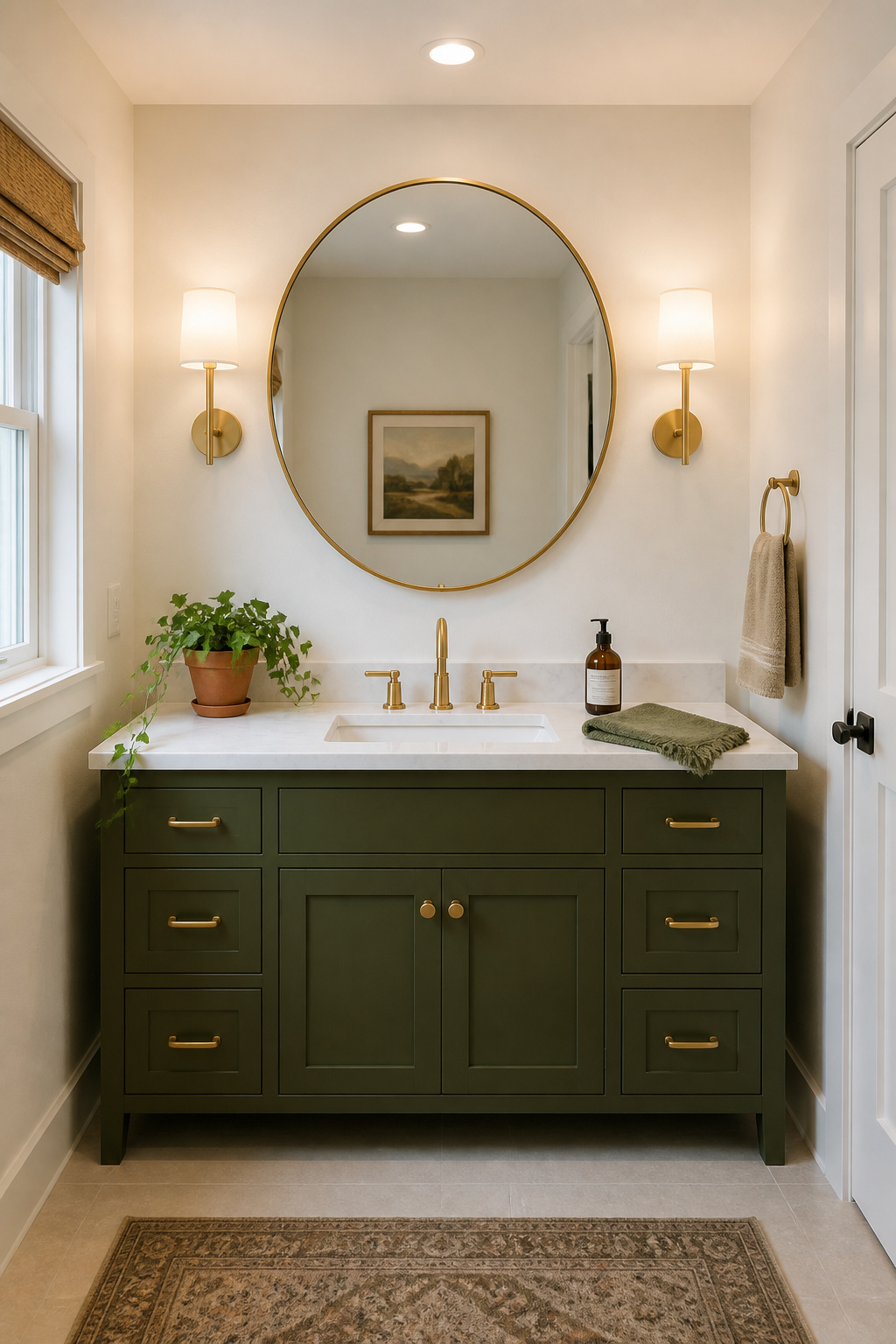An olive green vanity with brass handles is the simplest way to bring sophisticated green bathroom decor into a rented or budget-sensitive space without touching the walls.