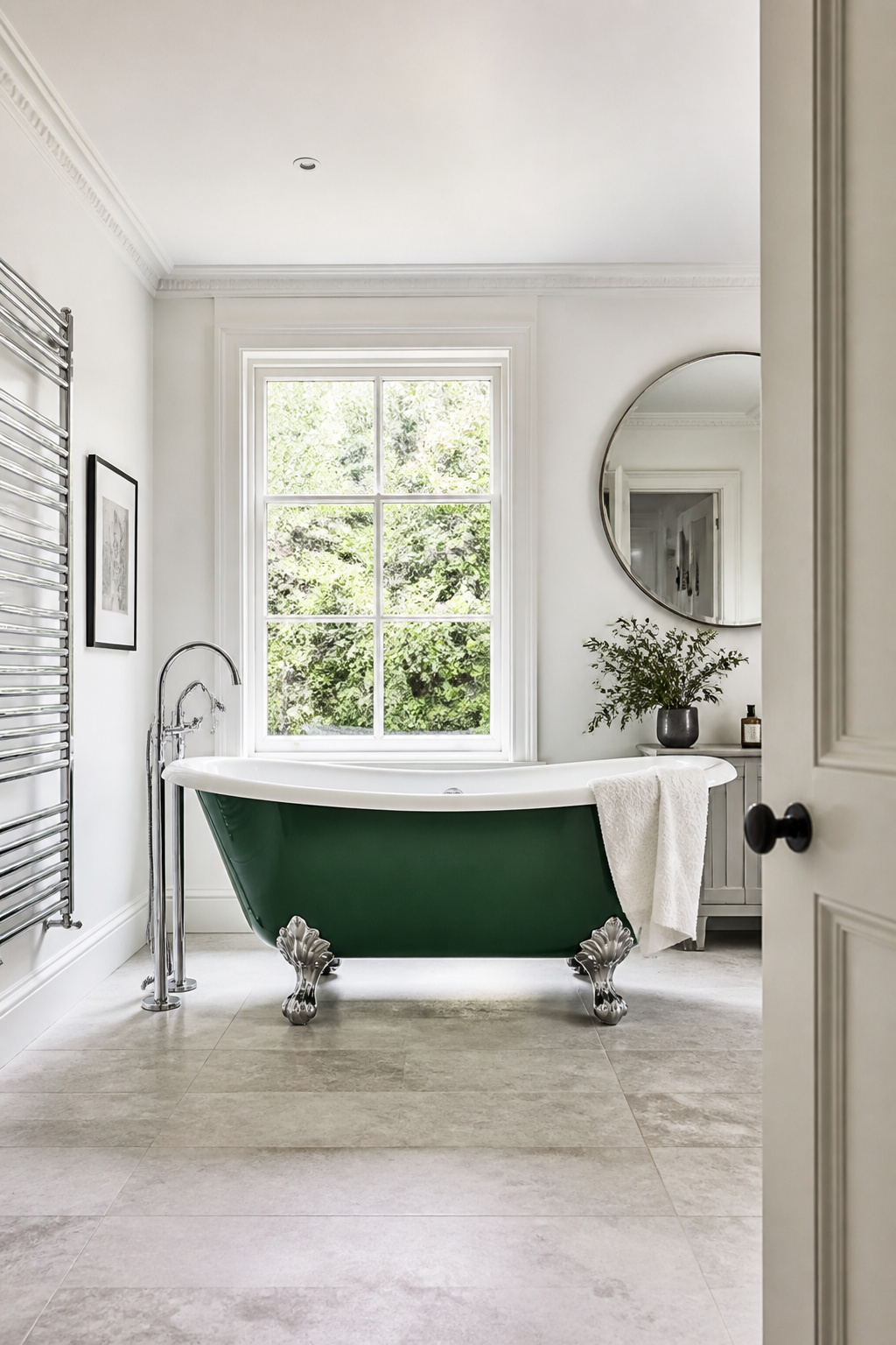An emerald green freestanding bath commands the room without needing anything else — the surrounding space stays quiet, and the tub does all the talking.