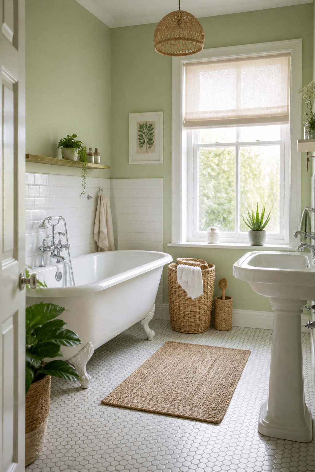 Pistachio is the most approachable of all the green bathroom ideas here — pale and warm, it suits small and large bathrooms alike and pairs well with almost any existing fixture.