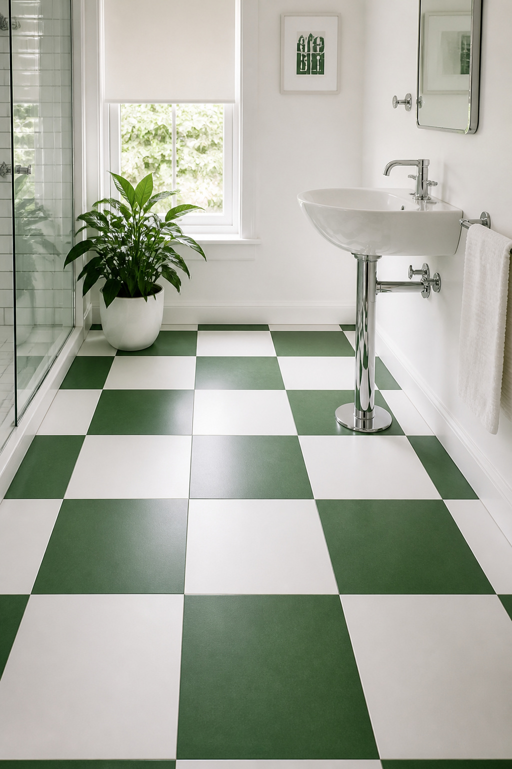 Green and white checkerboard floor tiles are a green bathroom idea with enough graphic confidence to carry a room that otherwise stays completely simple and white.