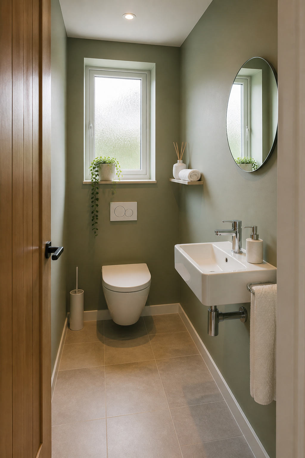 Muted sage is one of the most useful green bathroom ideas for small spaces — it adds colour without making the room feel enclosed.