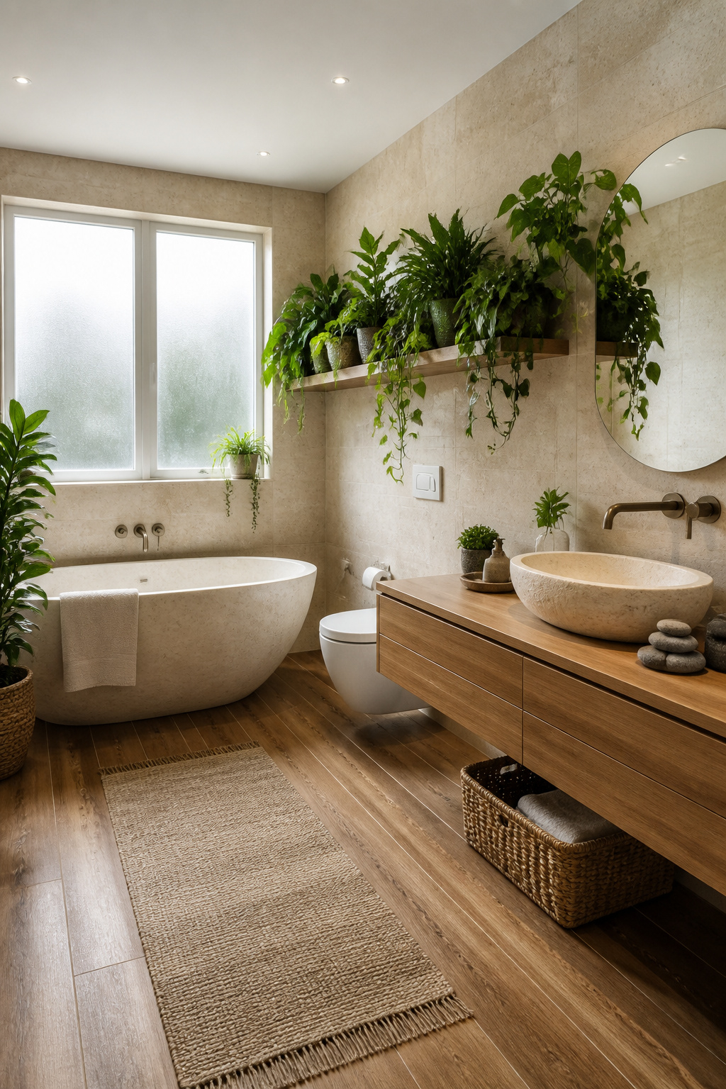 A biophilic green bathroom uses plants, stone, and natural materials to create a space that actively supports well-being — it goes beyond colour to engage all the senses.