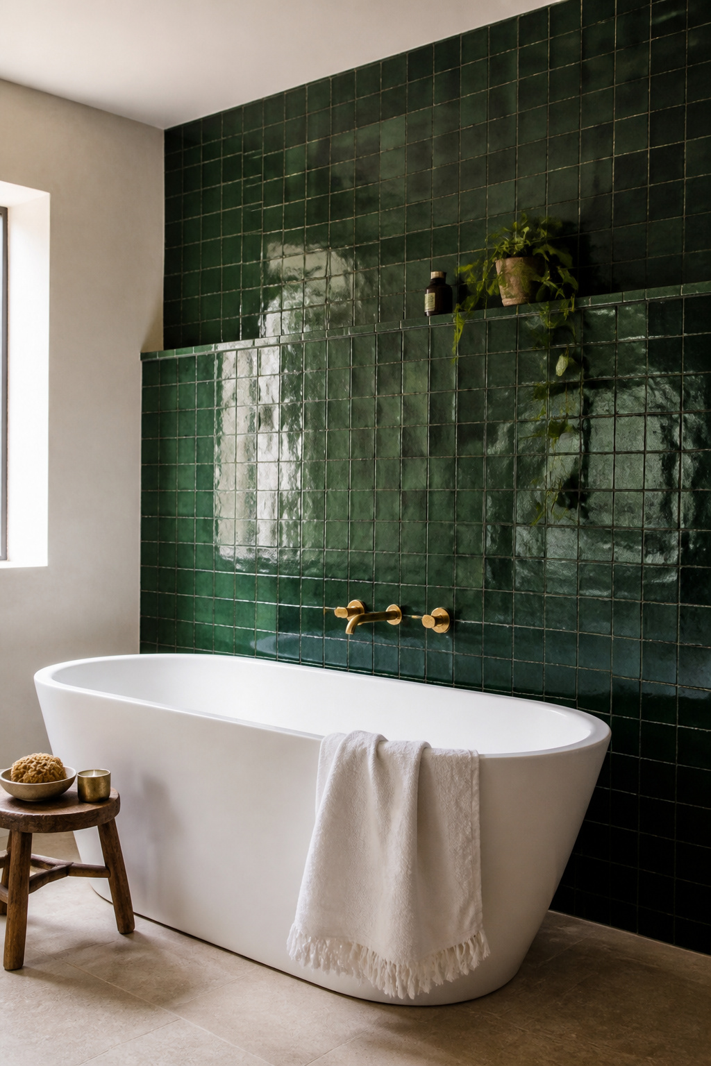 A forest green zellige tile wall behind a freestanding bath is one of the most dramatic green bathroom ideas — and it does not require tiling the whole room.