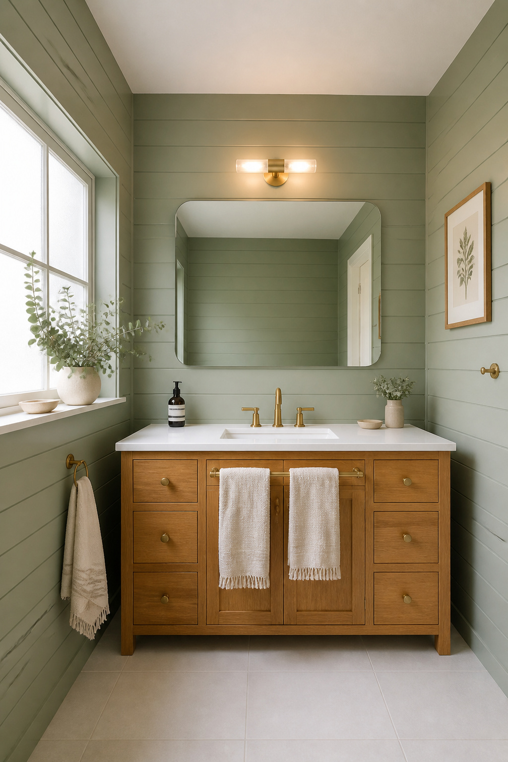 Sage green shiplap walls paired with a warm oak vanity create a bathroom that feels calm and grounded — the kind of space you actually want to spend time in.