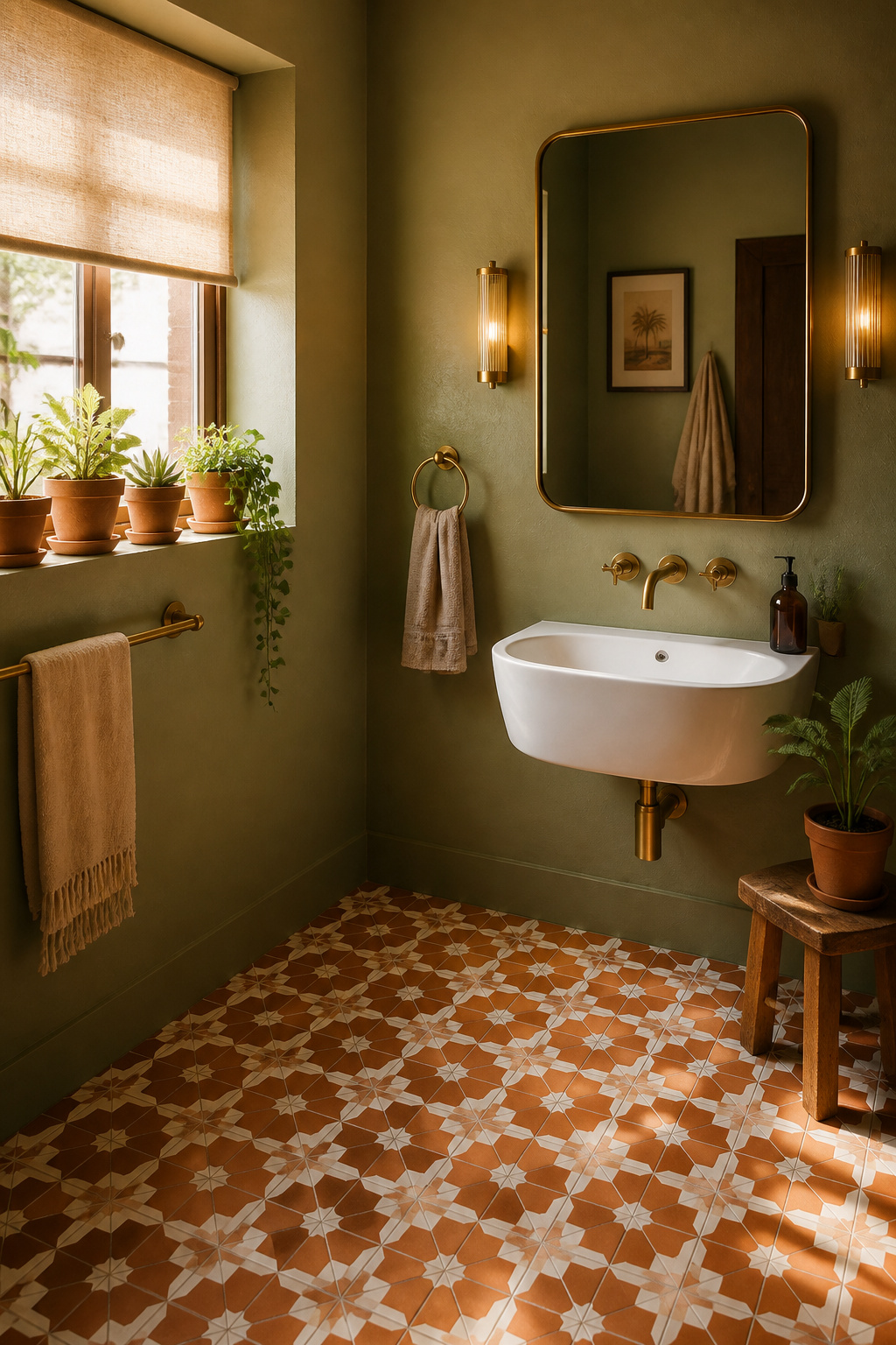 Sage green walls and terracotta floor tiles create the warmest, most grounded version of a green bathroom — a combination that looks like it has always been there.