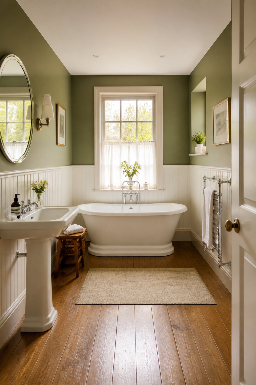 Olive green walls above white wainscoting is one of the most timeless green bathroom ideas — it has architectural structure, colour interest, and a period quality that suits Victorian and Edwardian homes.
