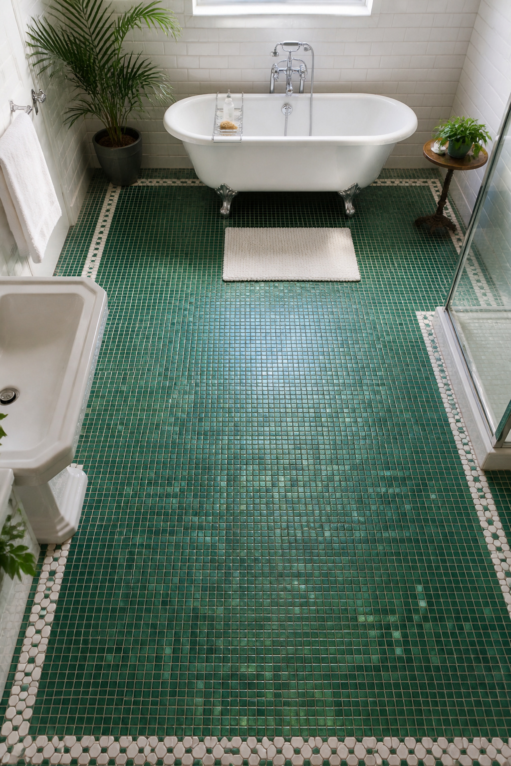 Green mosaic tiles bring a vintage green bathroom feel that no other material quite replicates — the variation in surface and colour across individual tesserae gives the room a life of its own.