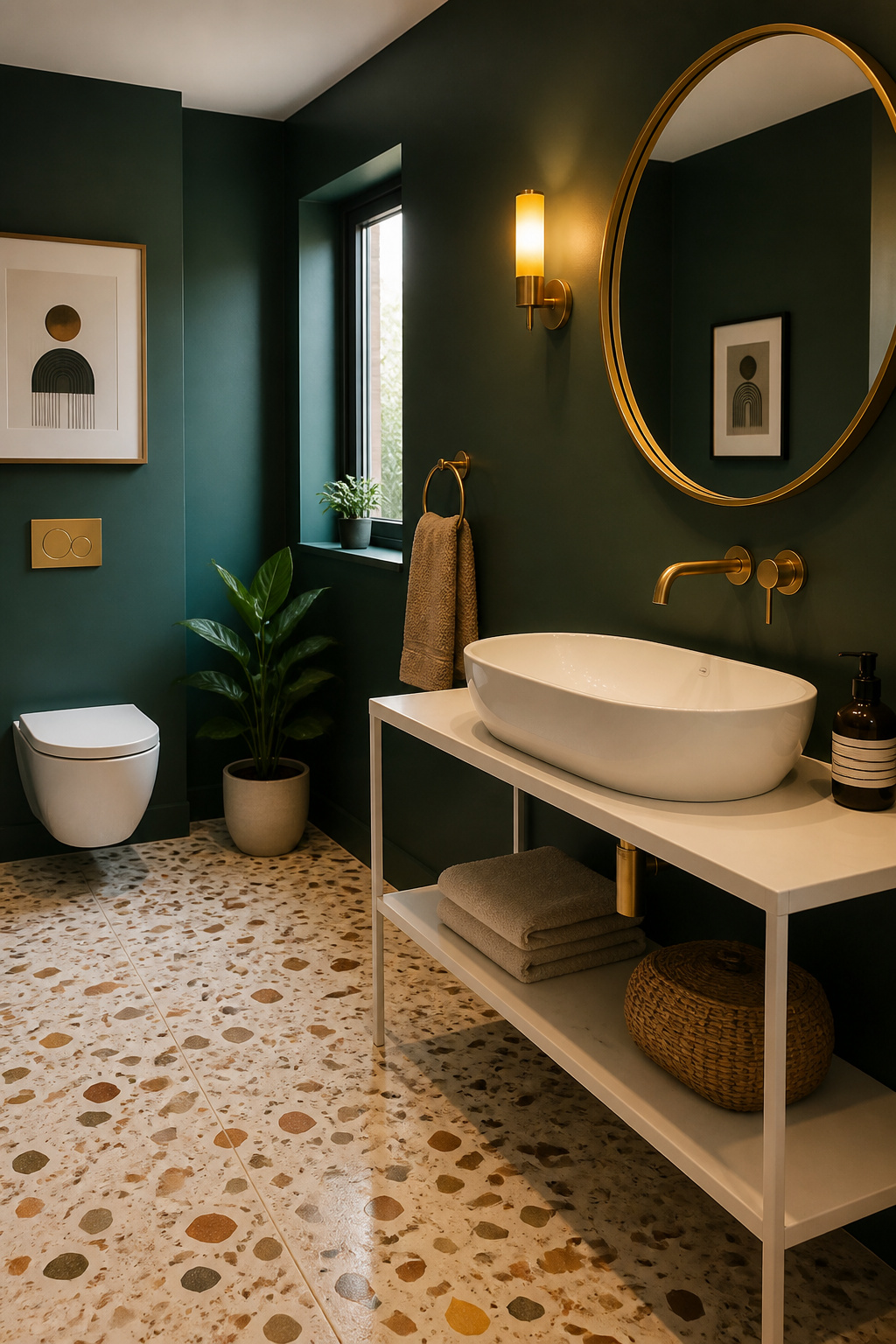 Dark green walls and terrazzo floors create a bathroom with genuine visual complexity — a green bathroom idea that gets better the longer you look at it.
