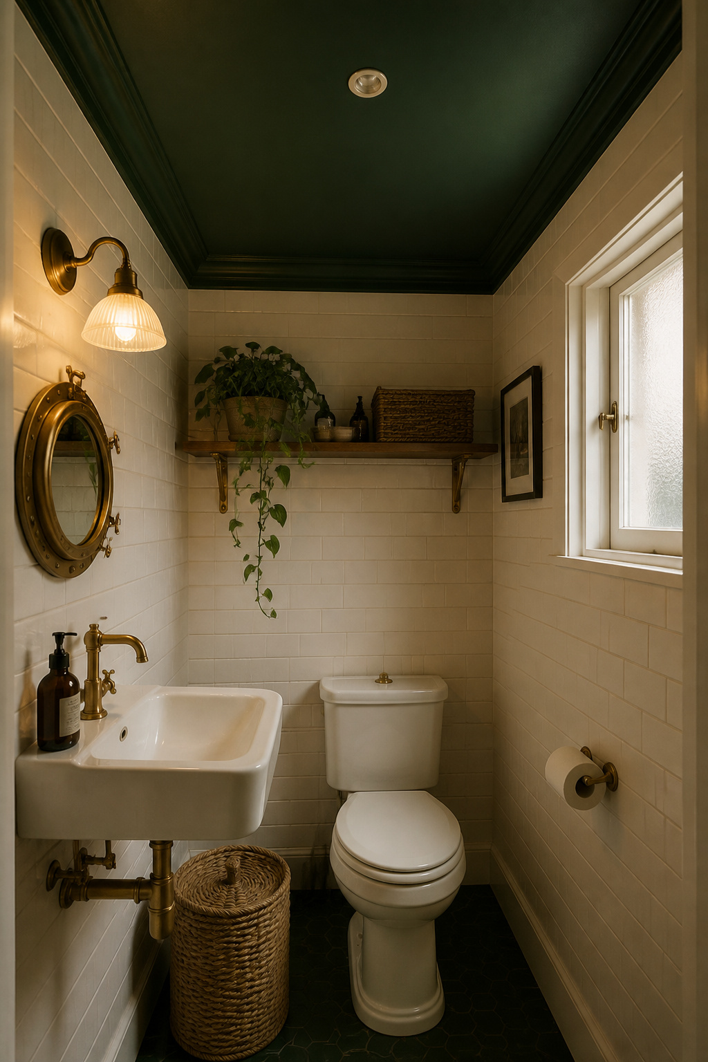 Painting the ceiling hunter green is one of the most unexpected green bathroom ideas — and in a small bathroom, it creates cosiness that wall colour alone cannot achieve.