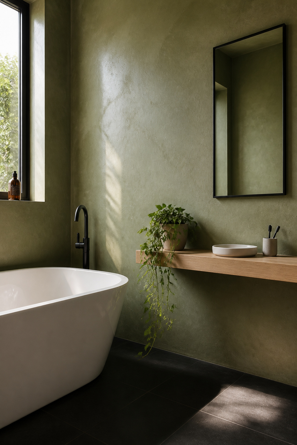 Limewash paint in sage green creates bathroom walls that feel genuinely organic — textured, varied, and completely unlike anything achievable with standard emulsion.