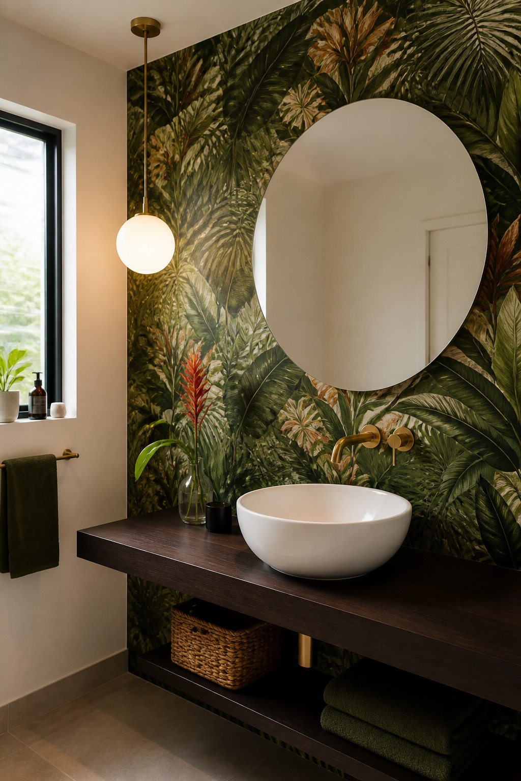 Botanical wallpaper brings the feeling of a greenhouse into your bathroom — immersive, characterful, and entirely removable.