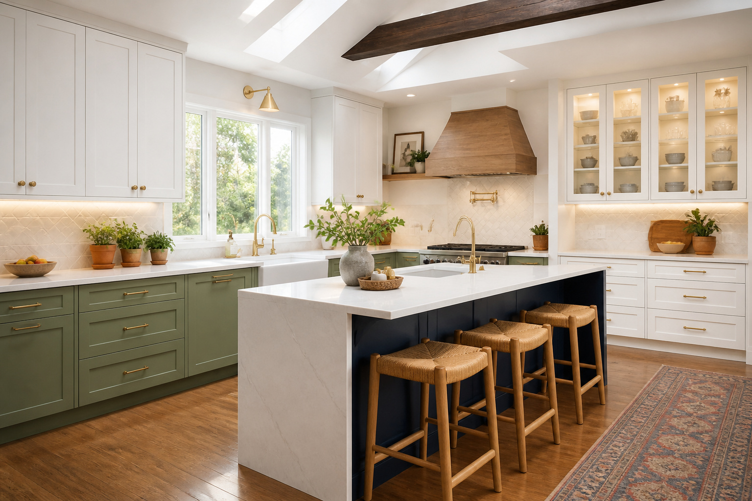 A thoughtfully designed kitchen showing multiple cabinet styles in one space — sage green shapers, a contrasting navy island, and glass-front display cabinets — the kind of layered approach that makes a kitchen feel genuinely personal.